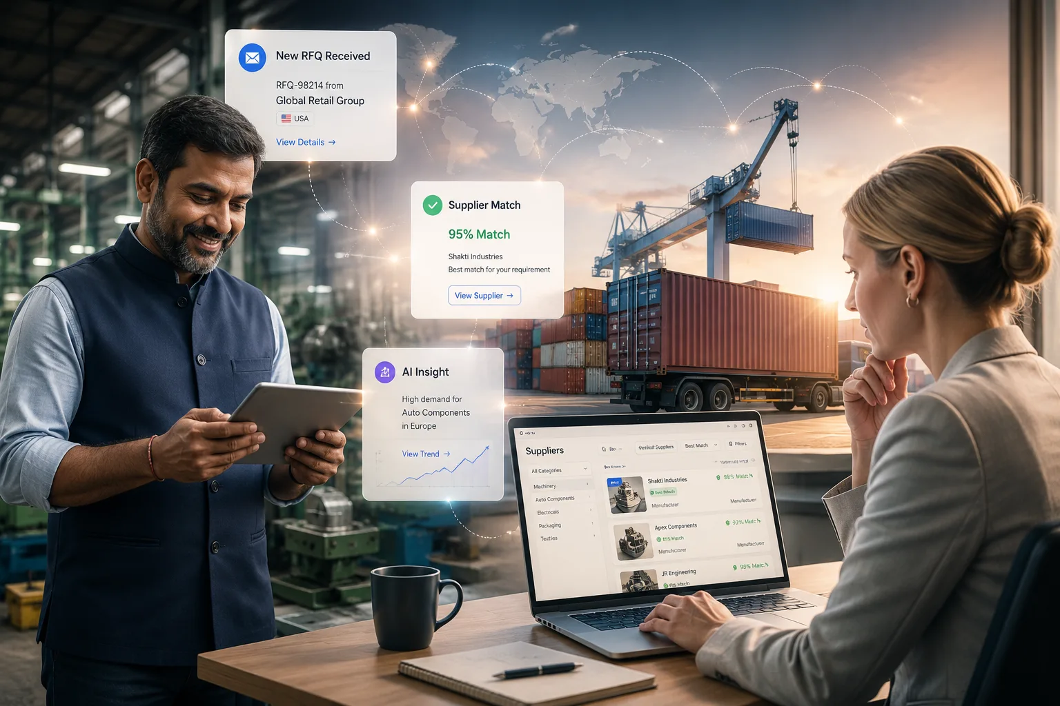 An Indian manufacturer and a procurement manager reviewing supplier matches and international inquiries on GlobalLinker