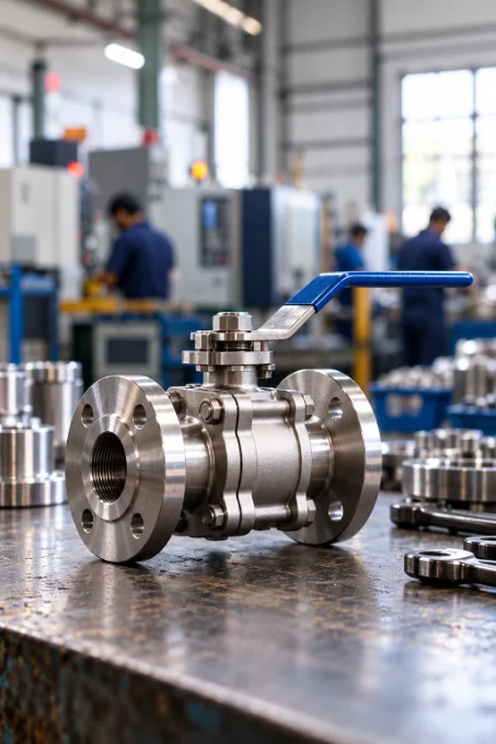 Stainless steel ball valves on a workbench