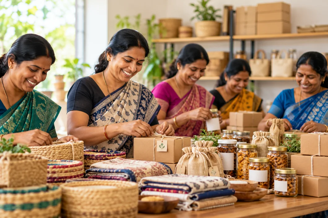 Women from self-help groups packing handmade products, textiles and food items for online orders