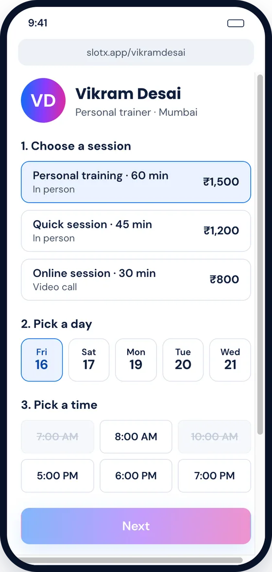 Client booking page opened from WhatsApp
