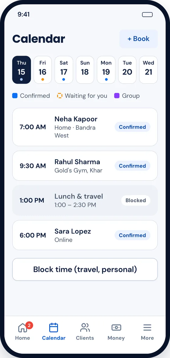 A week view with group classes