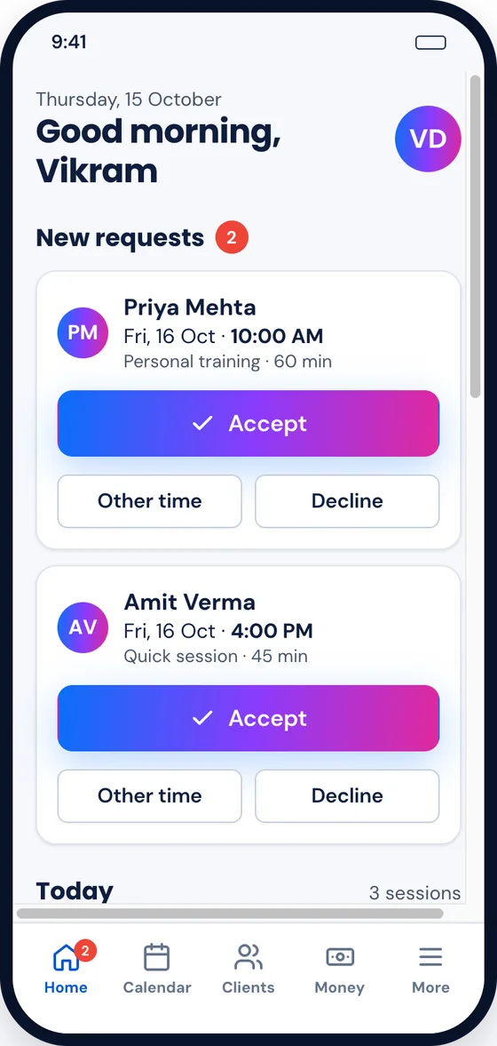 Slotly home screen with new booking requests