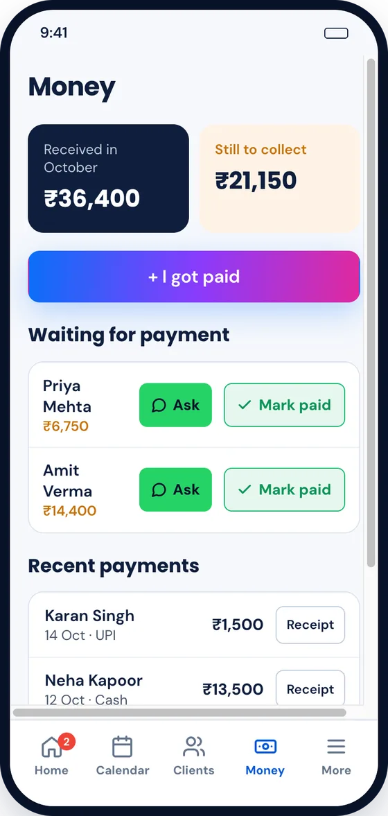 Payments, dues and receipts
